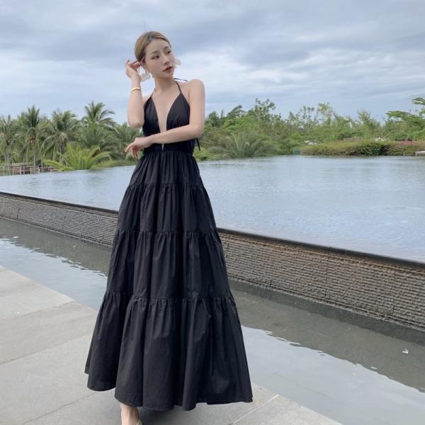 Women Sexy Low Cut Back Maxi Dress , Halter Neck Summer Maxi Dress