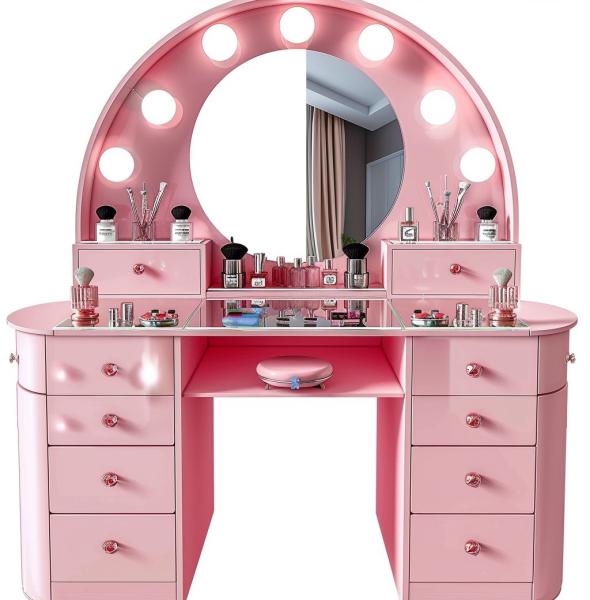 Bedroom Makeup Sets LED Lighted Mirror Vanity Table With Drawers And Storage Shelves Adjustable In Pink