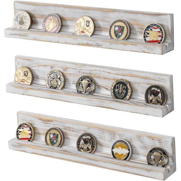Wall Mounted White Washed Solid Wood Challenge Coin Holder Three-layer Wood Handicraft