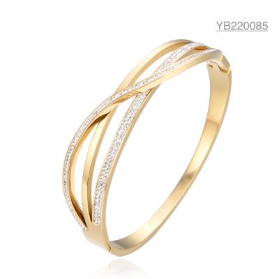 Stainless 18k Gold Plated Jewelry Triple Overlapping Rhinestone Bangle Bracelet