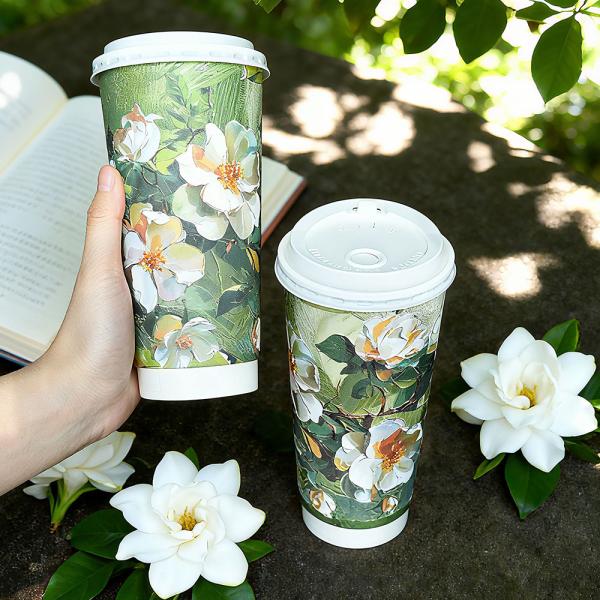 Custom Design Floral Pattern White Paper Cup Takeaway Hot Drinks Double Wall Paper Cups Used for Tea Coffee