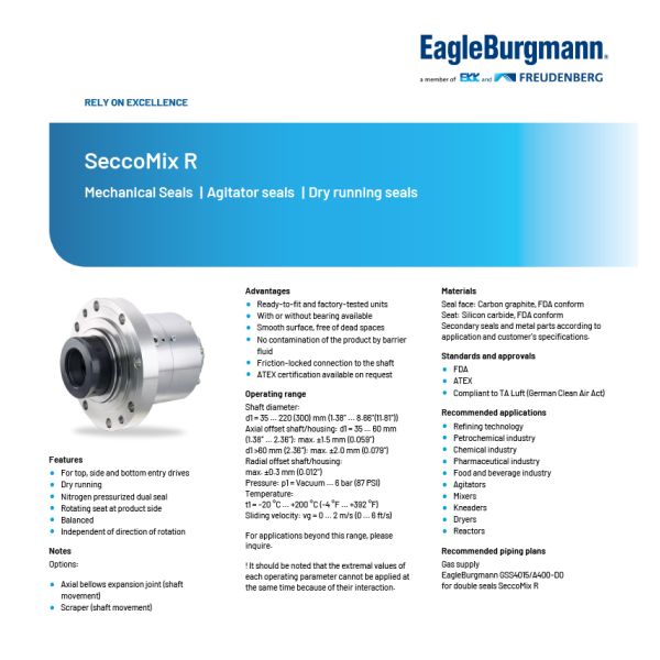 EagleBurgmann SeccoMix R Reaction Kettle Cartridge Mechanical Seal for Agitators