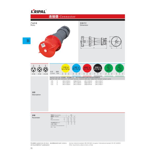 3 Phase 5P IEC Waterproof Industrial Connector 125A 380V IP67