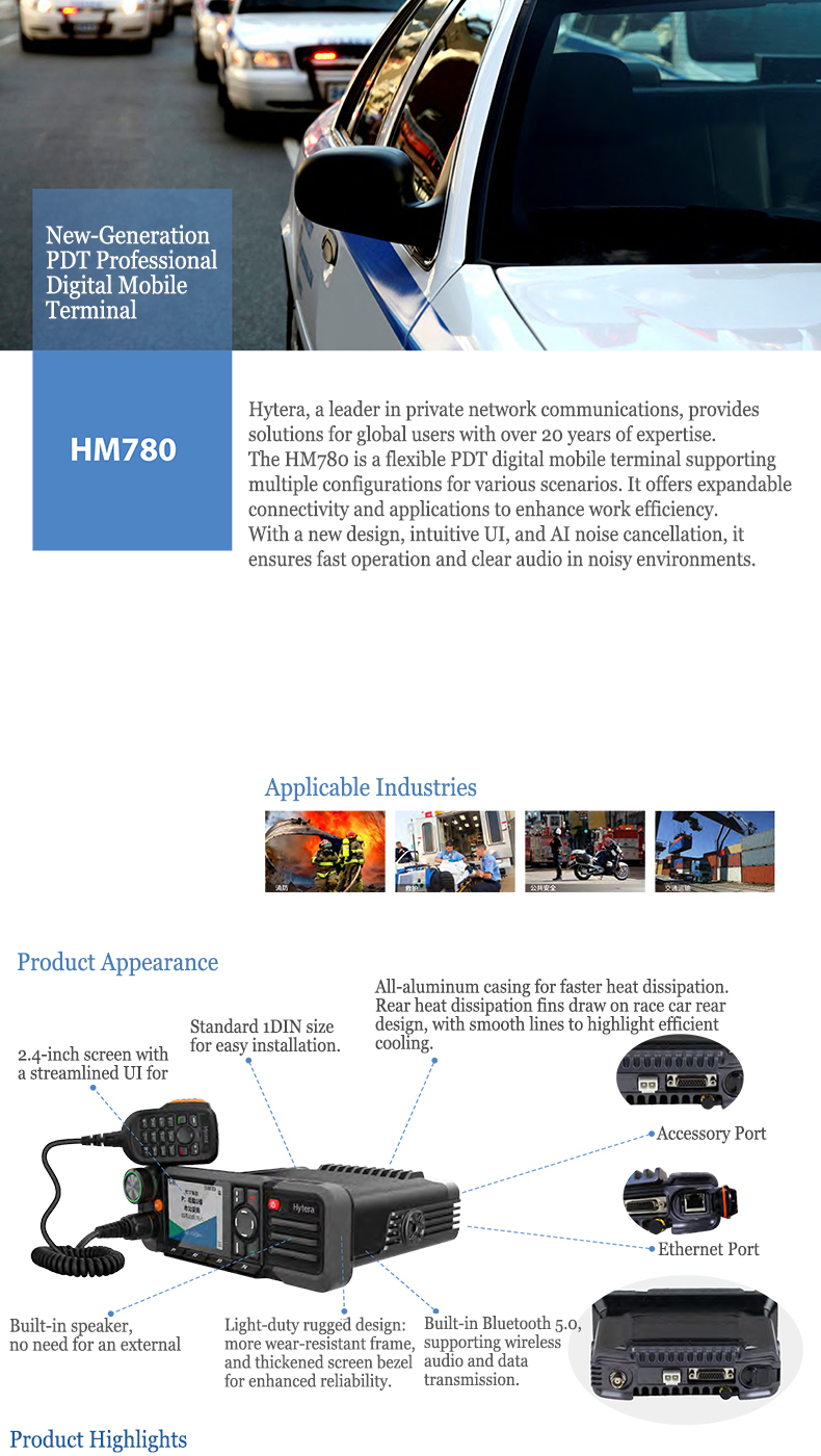 Hytera HM780UHF VHF Vehicle Walkie Talkie with Noise Cancellation 25/50W Output Power and IP54 Water Resistance DMR Car Base Radio Station