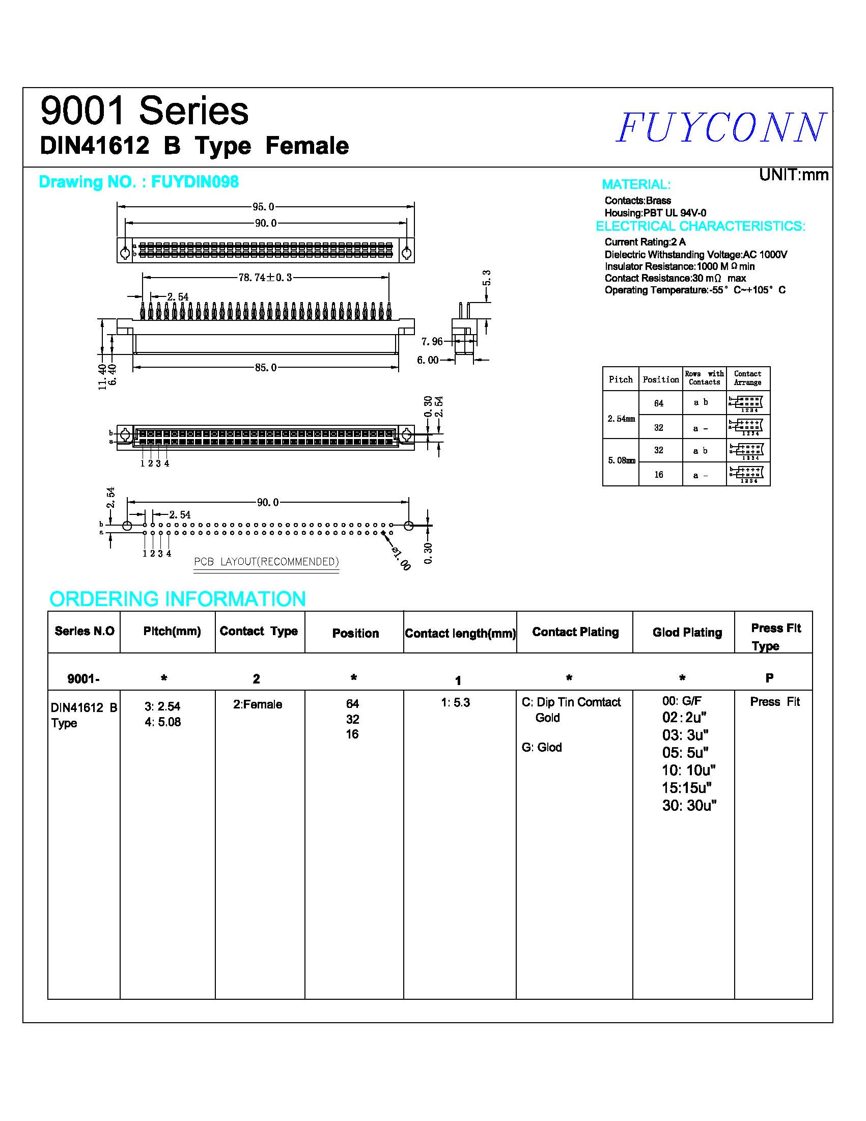 Женский DIN41612 соединитель PCB Eurocard соединителя 2Rows 16pin 32pin 64pin Solderless