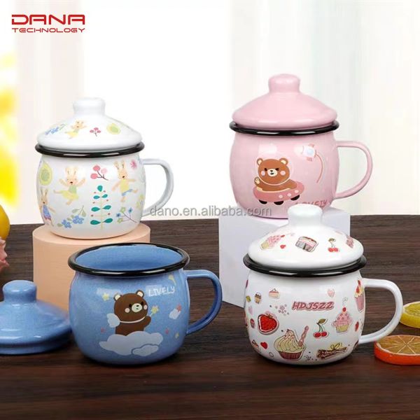 Classical Style Colorful Lovely Cute Cartoon Kids Gift Water Milk Mug Enamel Metal Steel Mugs High Temperature Logo Printing
