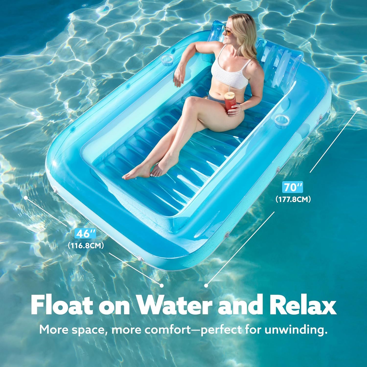 Inflatable Floating Raft with Cup Holder, Tanning Pool Lounge Chair, Beach Sunbathing Pool,  Inflatable Transparent Floating Bed
