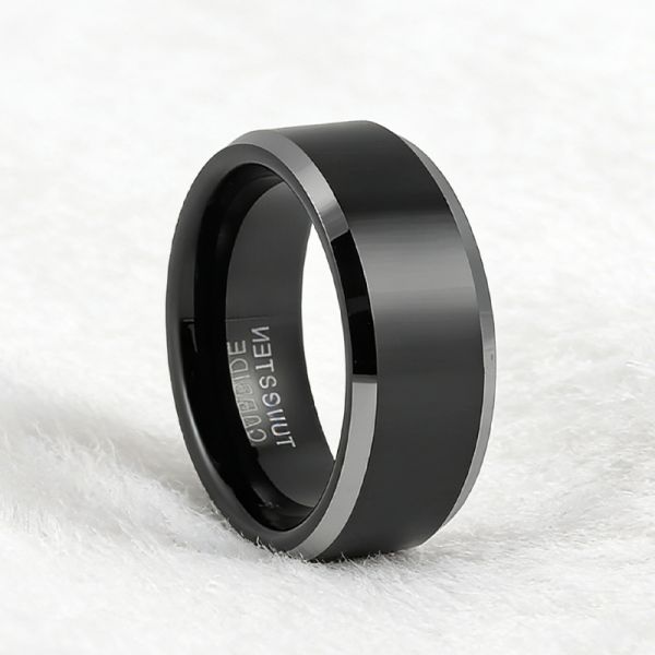 8MM Black Tungsten Wedding Band Ring with Silver Beveled Edge for Men and Women
