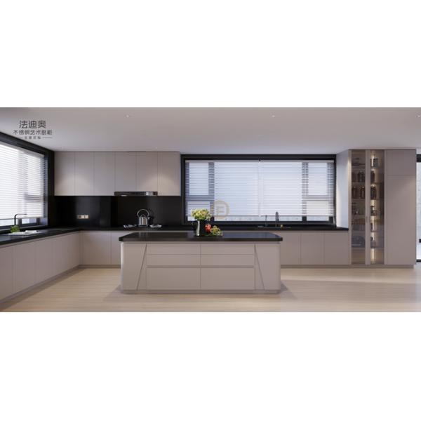 Elegant Grey Stainless Steel Kitchen Cabinet With Curved Island And Multiple Storage Solution