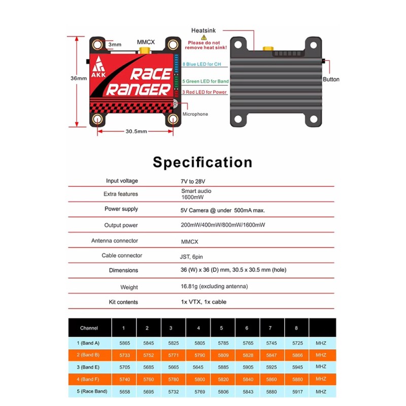 AKK 5.8G 1.6W UAV Video Transmitter and Receiver 5.8Ghz 1000mW 2000mW 3000mW FPV VTX
