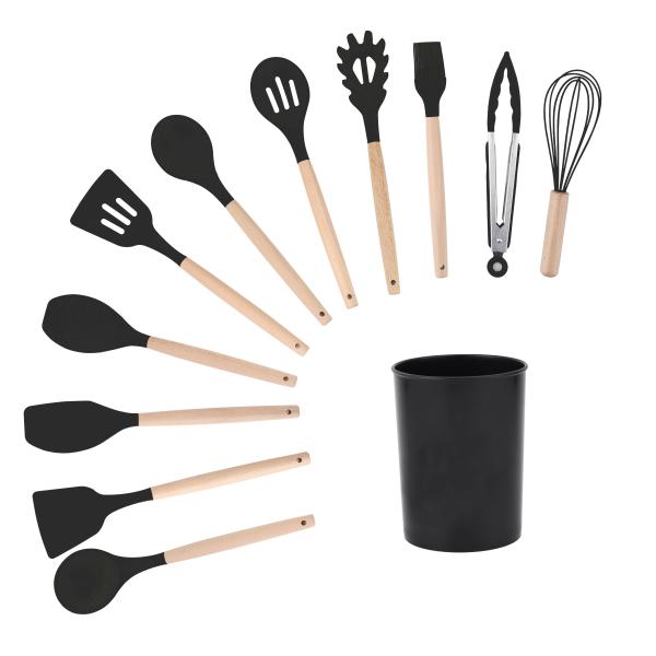 11Pcs Wooden Handle Silicone Kitchen Tools Set for 210 Degree High Temperature Cooking