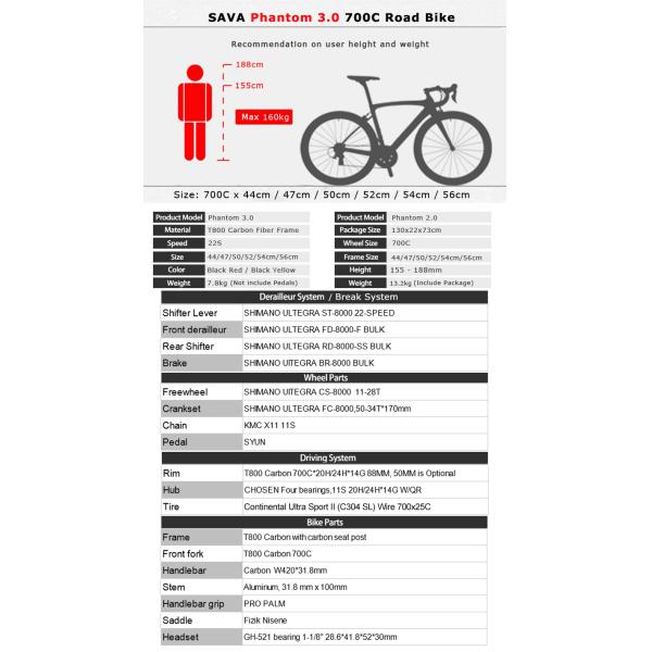 50mm Wheels Phantom 3.0 Bike T800 Carbon Frame ULTEGRA 22S