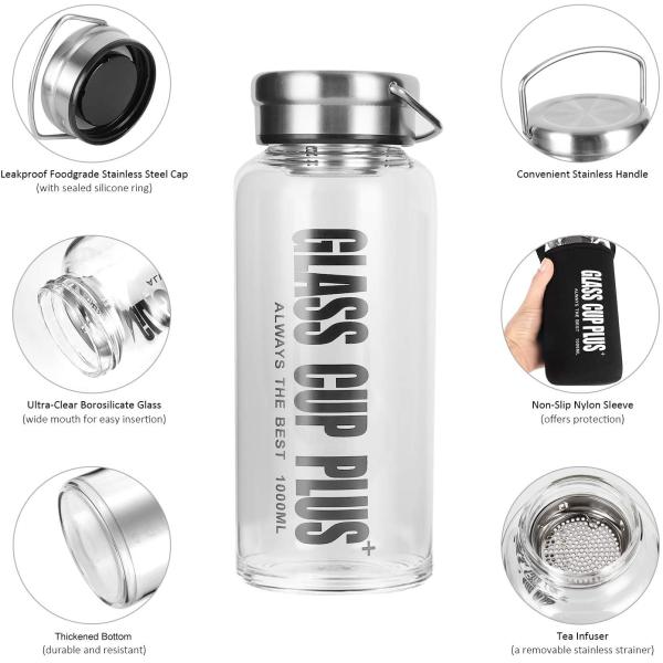 High Boroslicate Glass Water Bottle With Stainless Steel Lid Leakproof