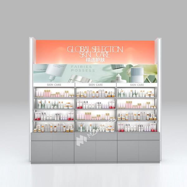 Gray Wooden Display Cabinet Multilayer Store Rack With Light-box For Skincare Store Design