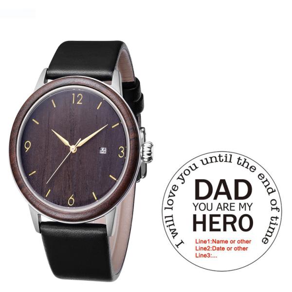 Water Resistant Case PVD Plated Black Stainless Steel Wooden Quartz Watch