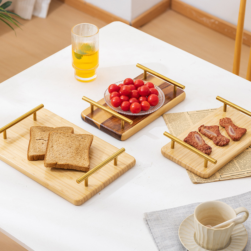 Living Room Storage Tray Wood Plate with Metal Handle for Coffee Cake Tea Dessert