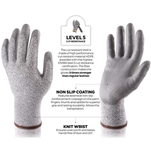 Work Safety HPPE 5 Level Anti Cutting Gloves PU Coated Grip Cut Resistant Working Gloves