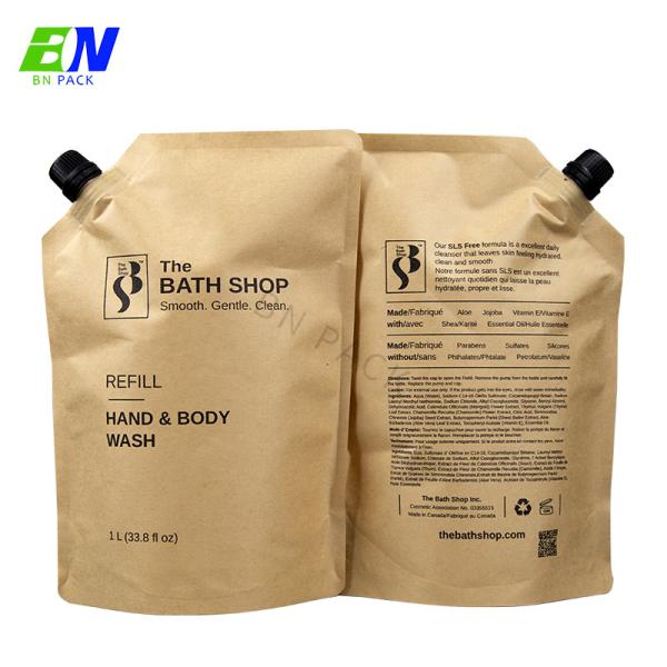 Recyclable Kraft Paper 1 Liter Refill Shampoo Pakcing Stand Up Spout Pouch