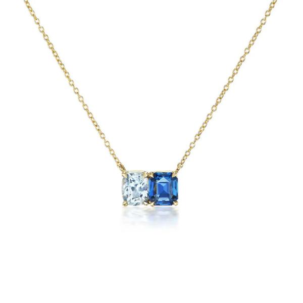 Hot Selling 925 Silver Cushion Cut Sapphire and Rectangle Cut White Zircon Color Block Zirconia Double Stone Pendant Necklaces