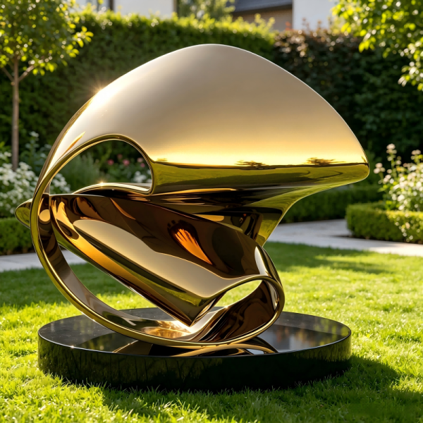 Titanium Gold Polished Stainless Steel Abstract Ring Sculpture with Black Granite Base | Modern Large Outdoor & Indoor Luxury Metal Art Statue
