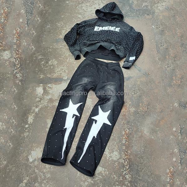 Custom Acid Wash 2 Piece Jogger Tracksuit Jogging Suits For Men DTG Printing Stacked Design
