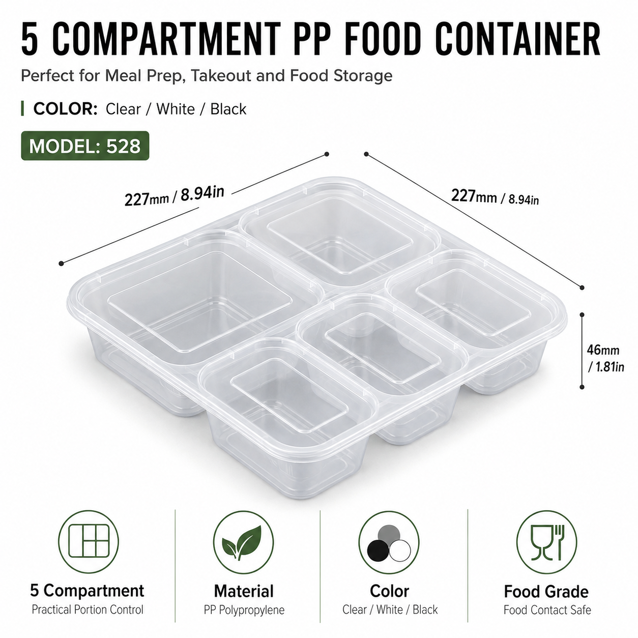 Square Five Section PP Multi Compartment Meal Tray for Large Party Catering