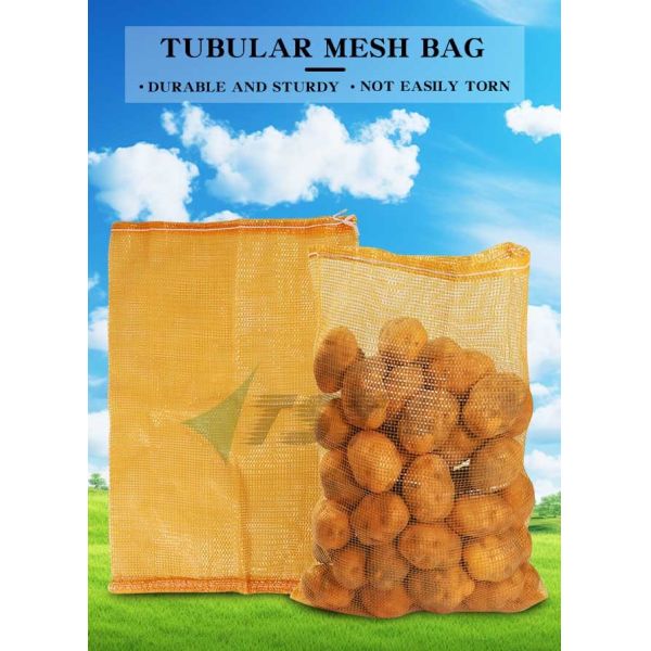 Yellow Circular Tubular Mesh Bag For Potato Polypropylene Leno Bags