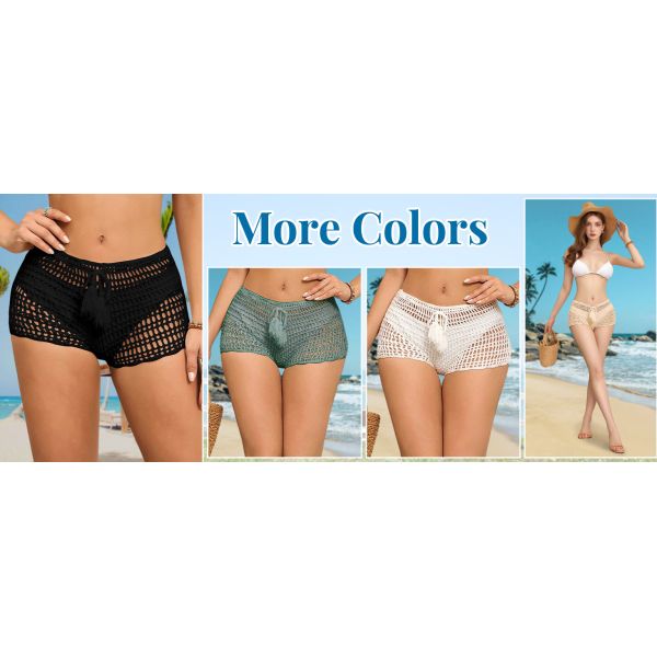 Women'S Crochet Coverups Hollow Out Tie Waist See Through Boho Shorts Swimsuit Bra Set Crochet Bikini Handmade Knitted Crochet Swimsuit Beach Overskirt Swimsuit Cover Ups