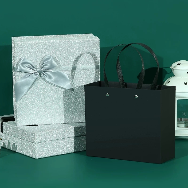 Glitter Rigid Gift Box Lid and Base Packaging With Satin Bow Ribbon