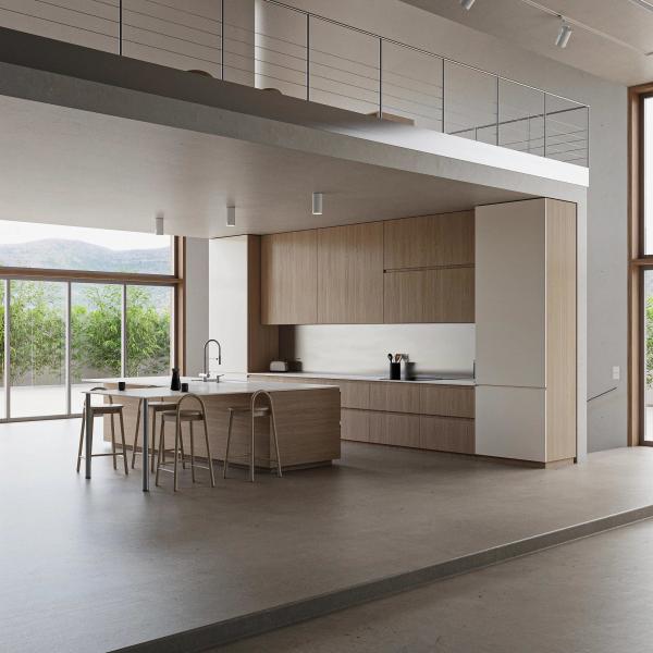 Melamine Finish Wood Grain And Solid Wood Handleless Kitchen Cabinet For Villa