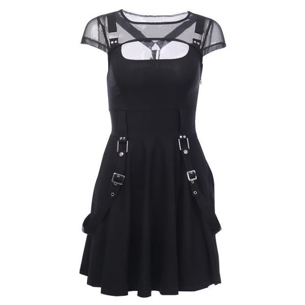 European and American modern punk style dark black sexy mesh stitching perspective hollow dress
