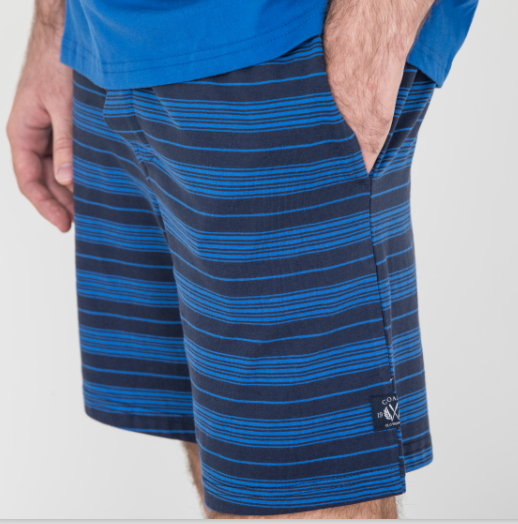 Mens Cotton Jersey Round Neck Tee and Yarn Dyed Striped Short Pants Pyjamas Set Functional Placket Side Pockets