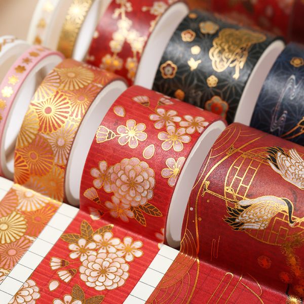 High Quality Custom Gold for Washi Tape Stickers Water Activated Adhesive 10mm Width 5m Length Flower Handbook Acrylic Stickers