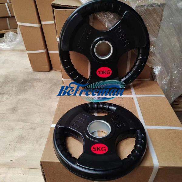 3 Holes Black Rubber Coated Weight Plate Free Weights Barbell Plate