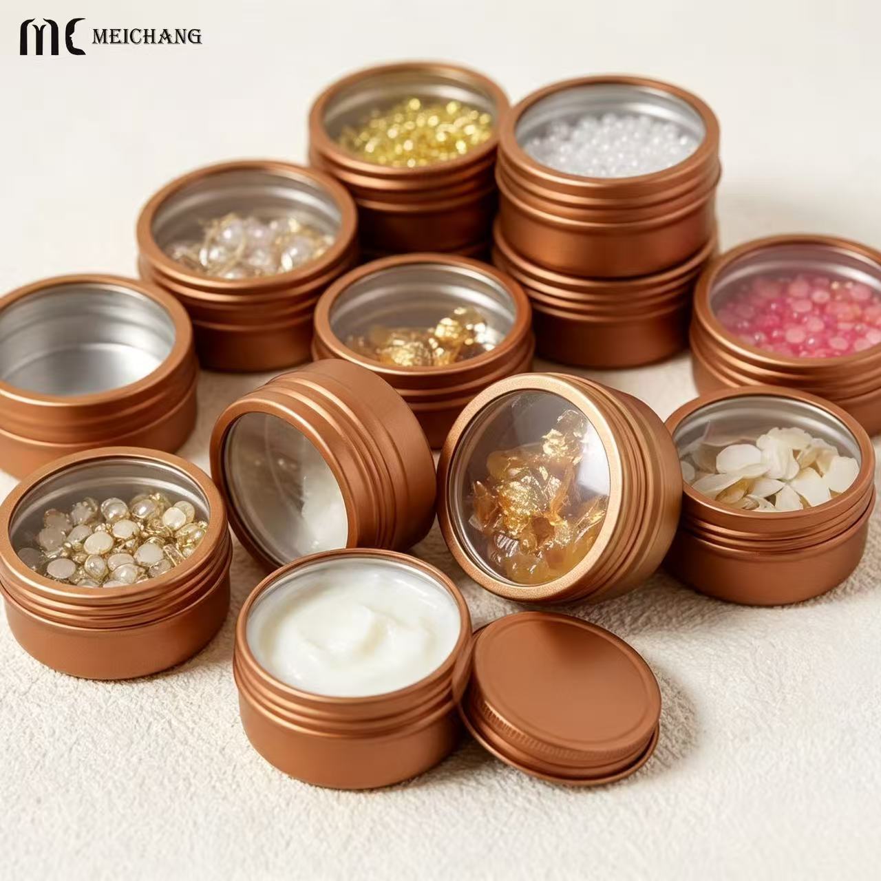 15ml–150ml Round Aluminum Screw Top Tin Jar with Clear PVC Window Lid (MC-809）