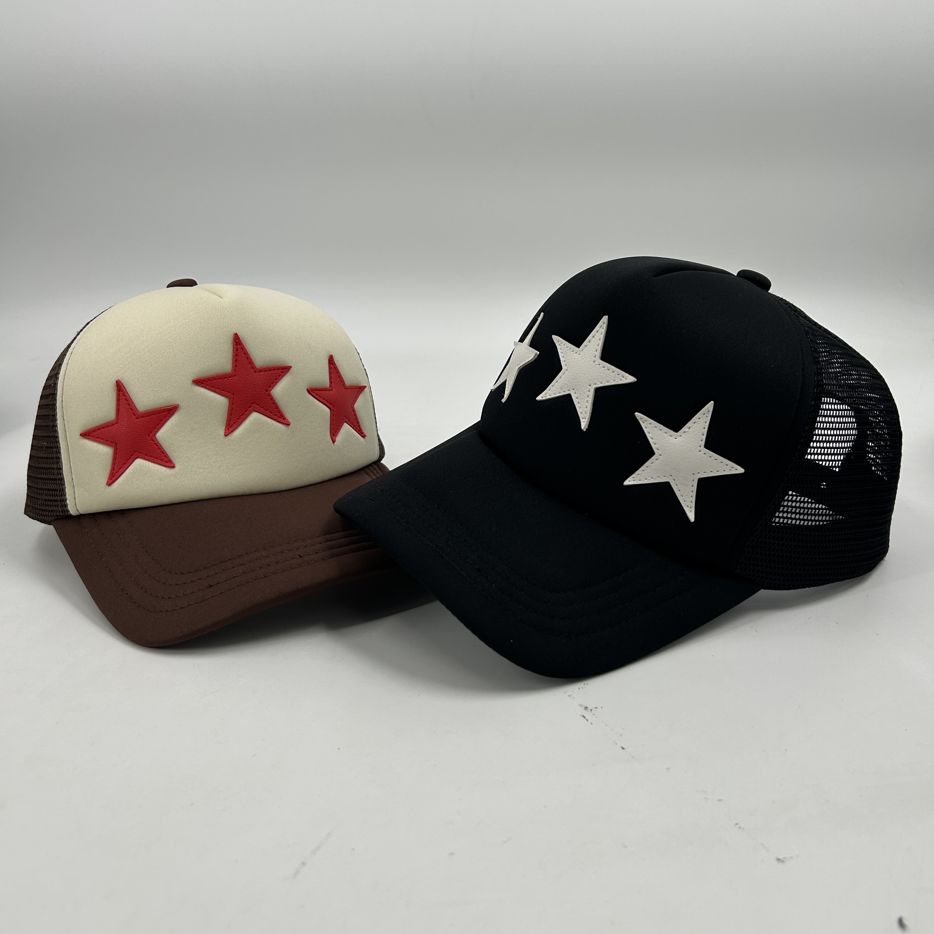 PU Leather Stars Mesh Trucker Caps Patches Foam Polyester Embroidered High Crown 5 Panels