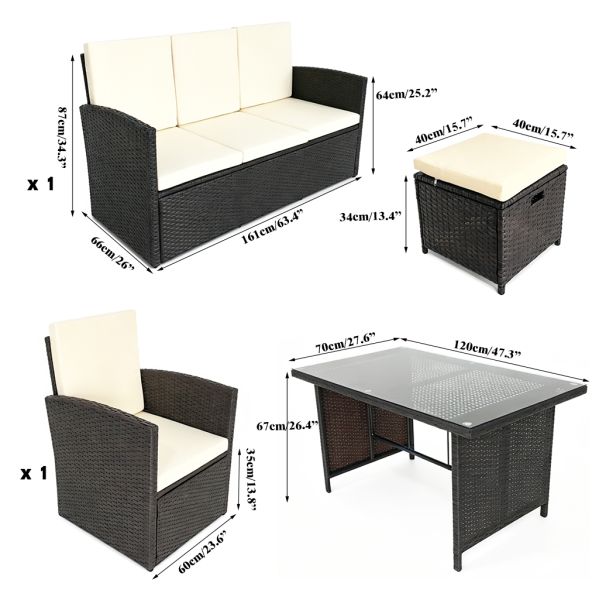 Outdoor Garden and Patio Furniture Set Dining Table and Chairs Rattan  2 Seat and Single Armchair 2 Pieces Stool 1 Piece Table