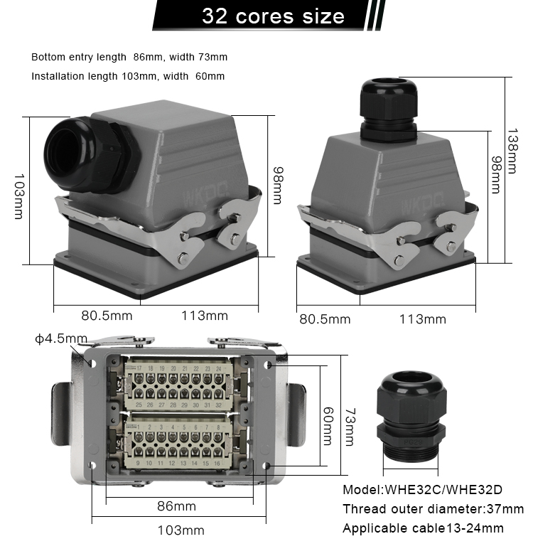 электрические соединители 500V WHE32C 7mm обнажая водоустойчивые