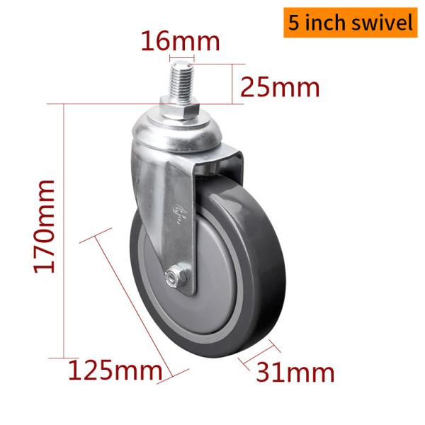 Zinc Coating 5 Inch Industrial Caster Wheels 130kg Load Threaded TPU Caster