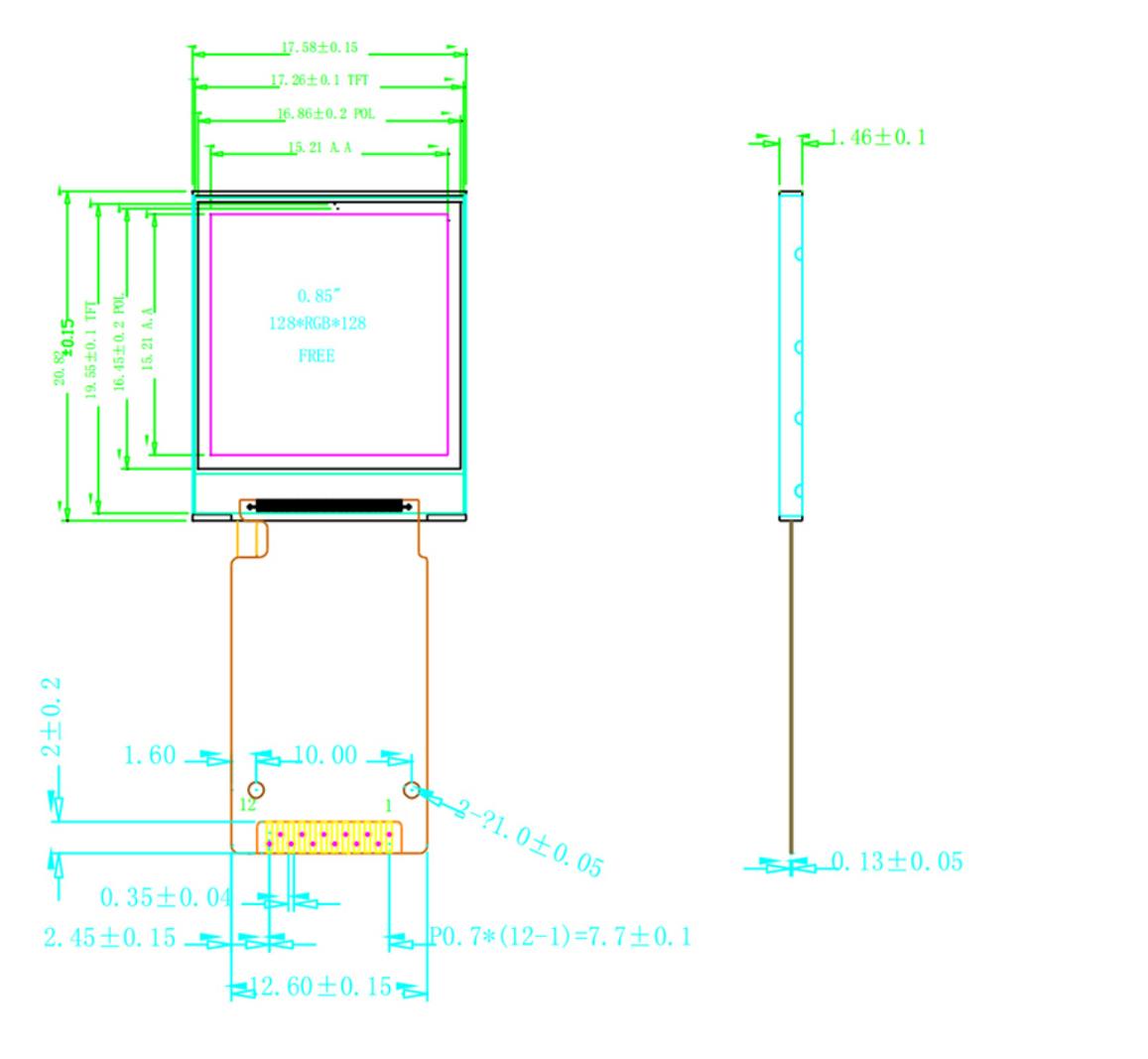 0.85 дюймовый LCD TFT дисплей, 128x128, 12 штифтов 4 провода SPI интерфейс GC9107 Вождение