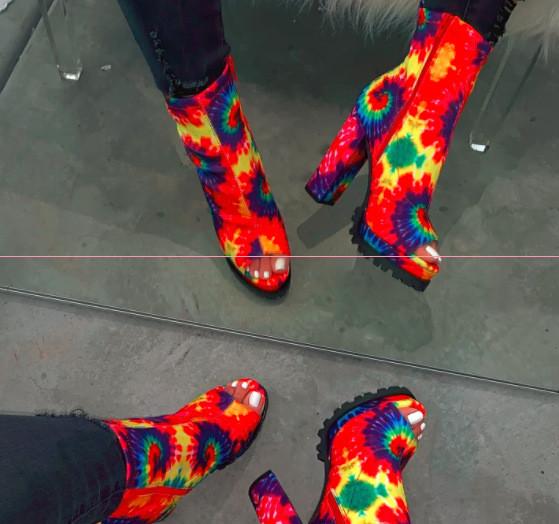 Classic ethnic print 4inch Ladies High Heeled Boots Size11 open toe hip ankle