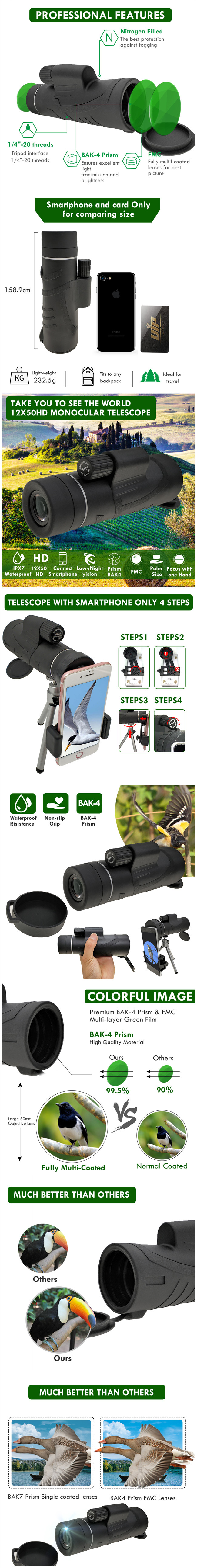 Monocular сотовый телефон Monocular 16x52 40x60 кармана телескопа 12x50 с треногой