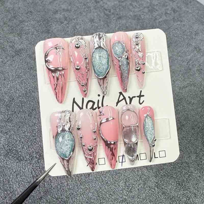 Reusable Nail Art Handmade Press On Nails Long Stiletto Pink Silver Liquid Metal