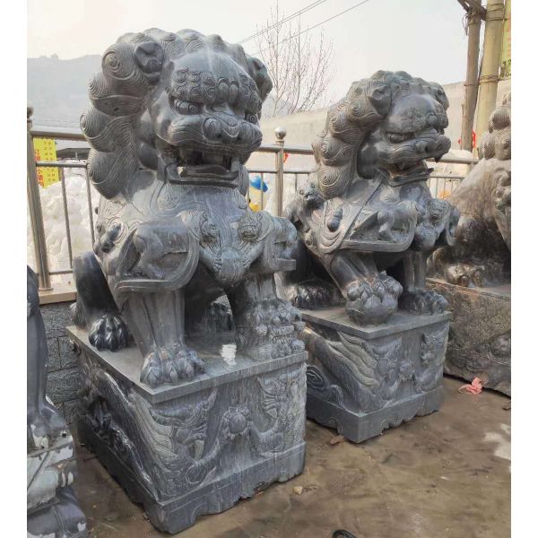 Chinese Grey Palace Stone Lion Statues Plaza Hand Carved Marble Lion Sculpture