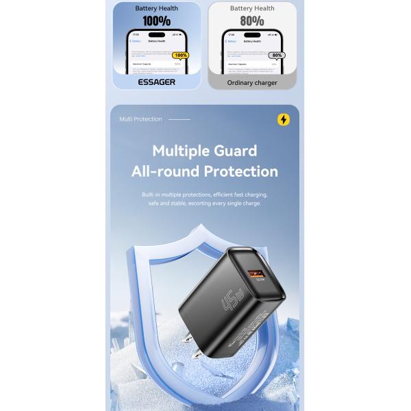 45W QC3.0 5V 3A ESSAGER ES-CD60 Super Fast Charging USB Wall Charger for Travel and Phone Flash