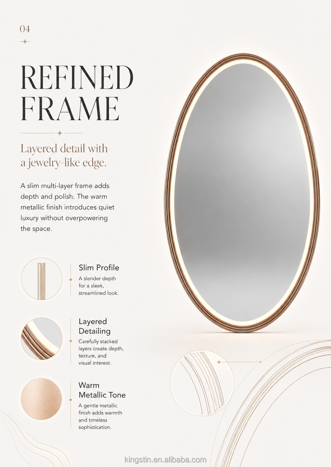Kingstin LED Smart Bathroom Mirror Water Drop Oval Makeup Mirror Aluminum Frame Touch Anti-Fog Wall Mirror