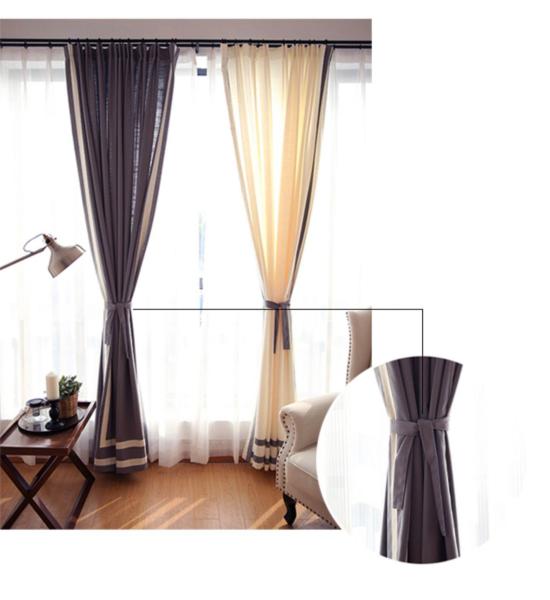100% Linen Cotton Window Curtains , Country Style Grey And White Curtains