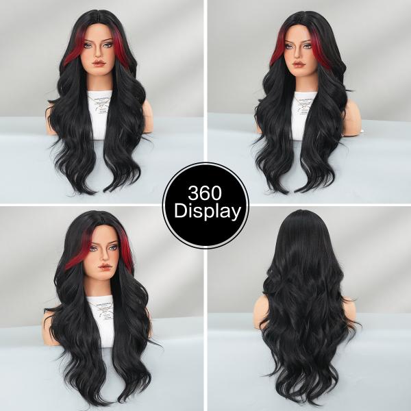 Fashion Long Body Wave Hair Black/Red Synthetic Wigs For Women