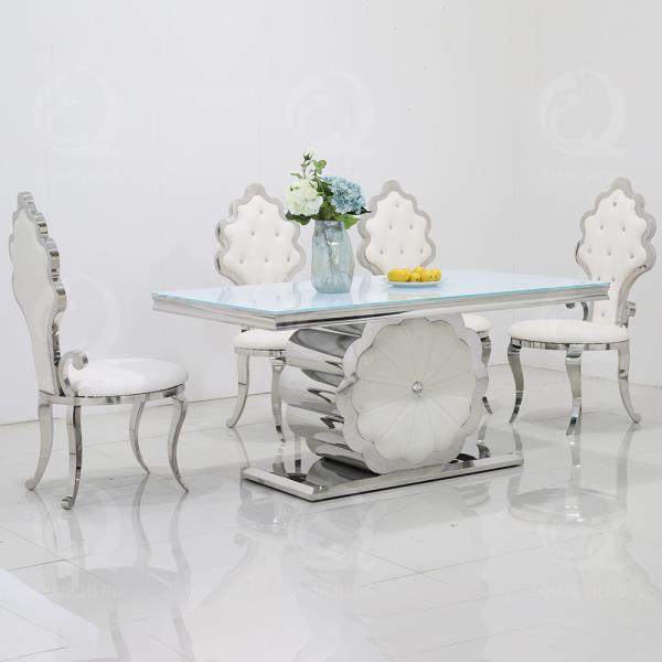 Flower Base 160x90x75cm SS Dining Tables 6 Seater White Glass Top
