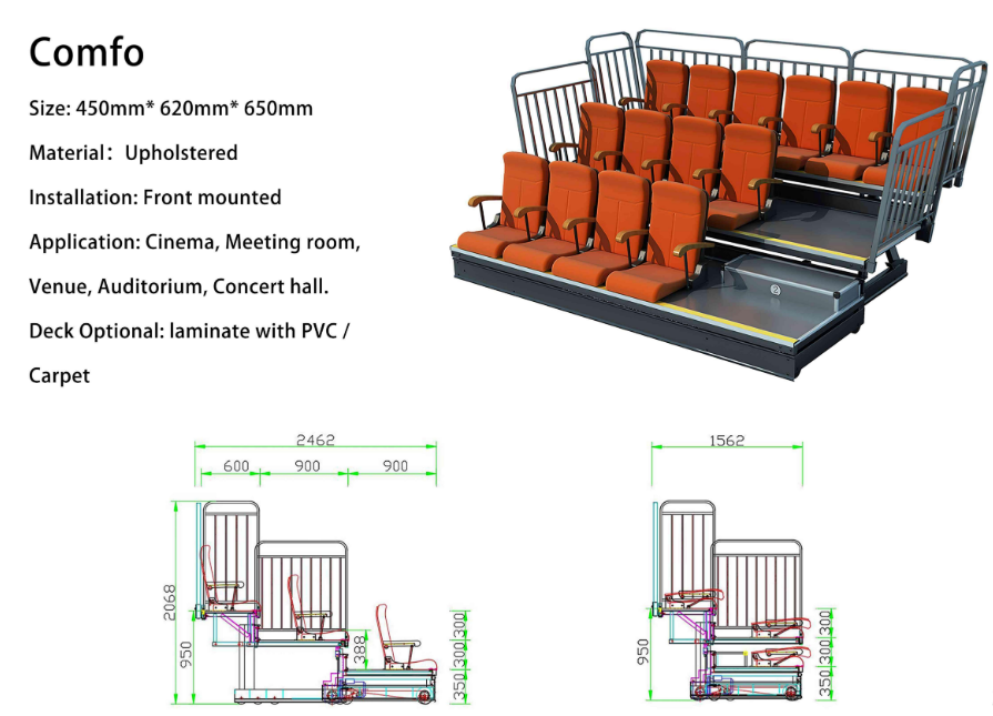 Soft Padded Adjustable Front Mounted Retractable Bleacher Seating with Customizable Color for Cinemas and Events